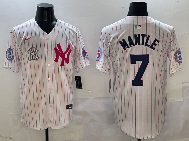 Men New York Yankees #7 Mantle White Stripe Jointly Name Nike 2025 MLB Jersey style 8